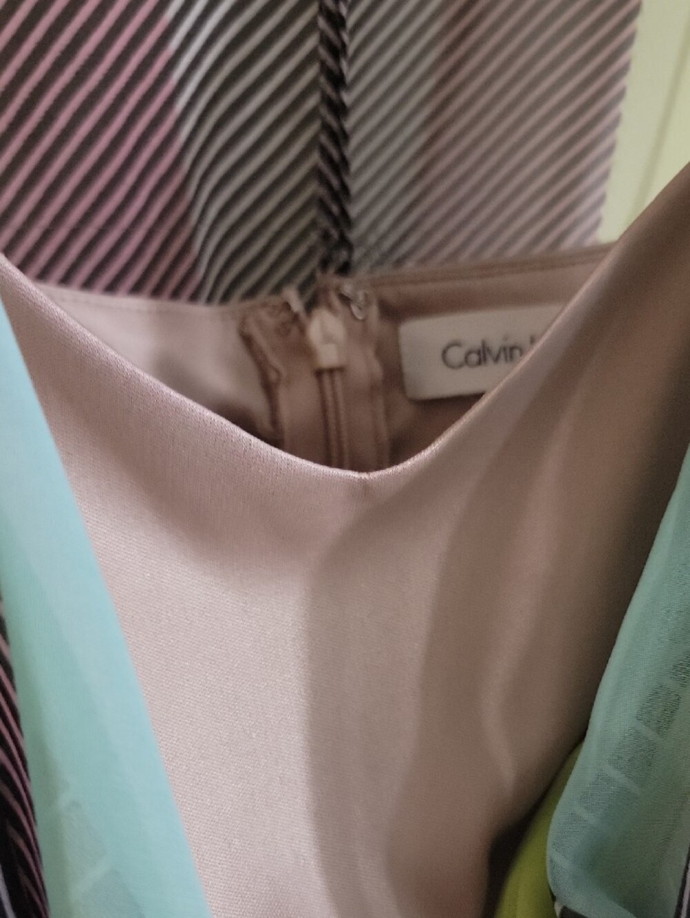 Calvin Klein Striped V-Neck Midi Dress in Lime, Mint & Neutral - Picture 4 of 4